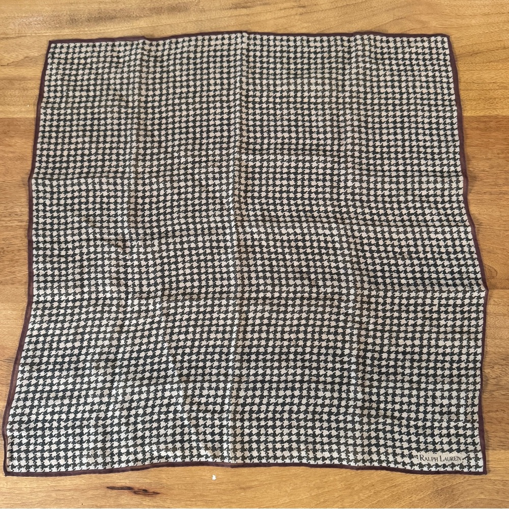 Ralph Lauren Black & Cream Houndstooth Silk Pocket Square with Maroon Trim